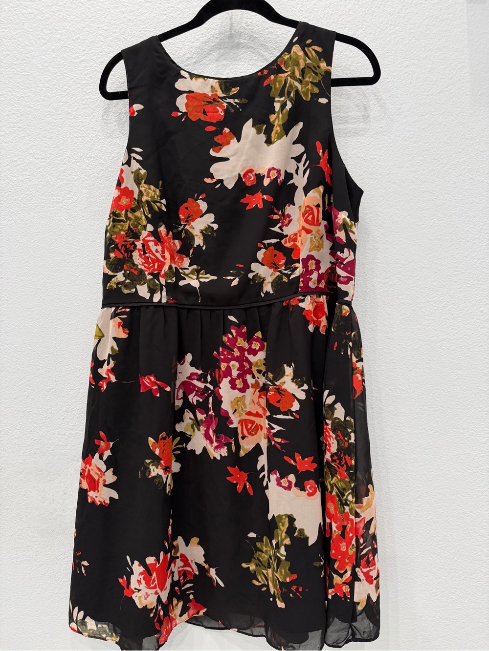 LOFT Black Floral Sleeveless Fit-and-Flare Dress